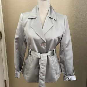 Calvin Klein silver satin belted jacket. Size 6.